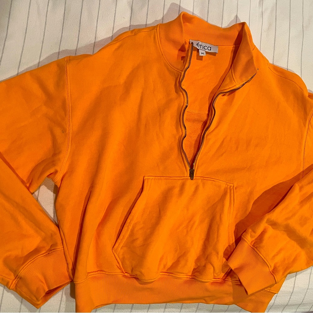 Etica Orange cropped 3/4 zip fleece sweater